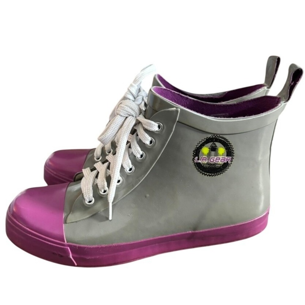 VTG 90's LA Gear Sneaker Rain Boots Sz 7  Lace‎ Up Galoshes Gray Purple
